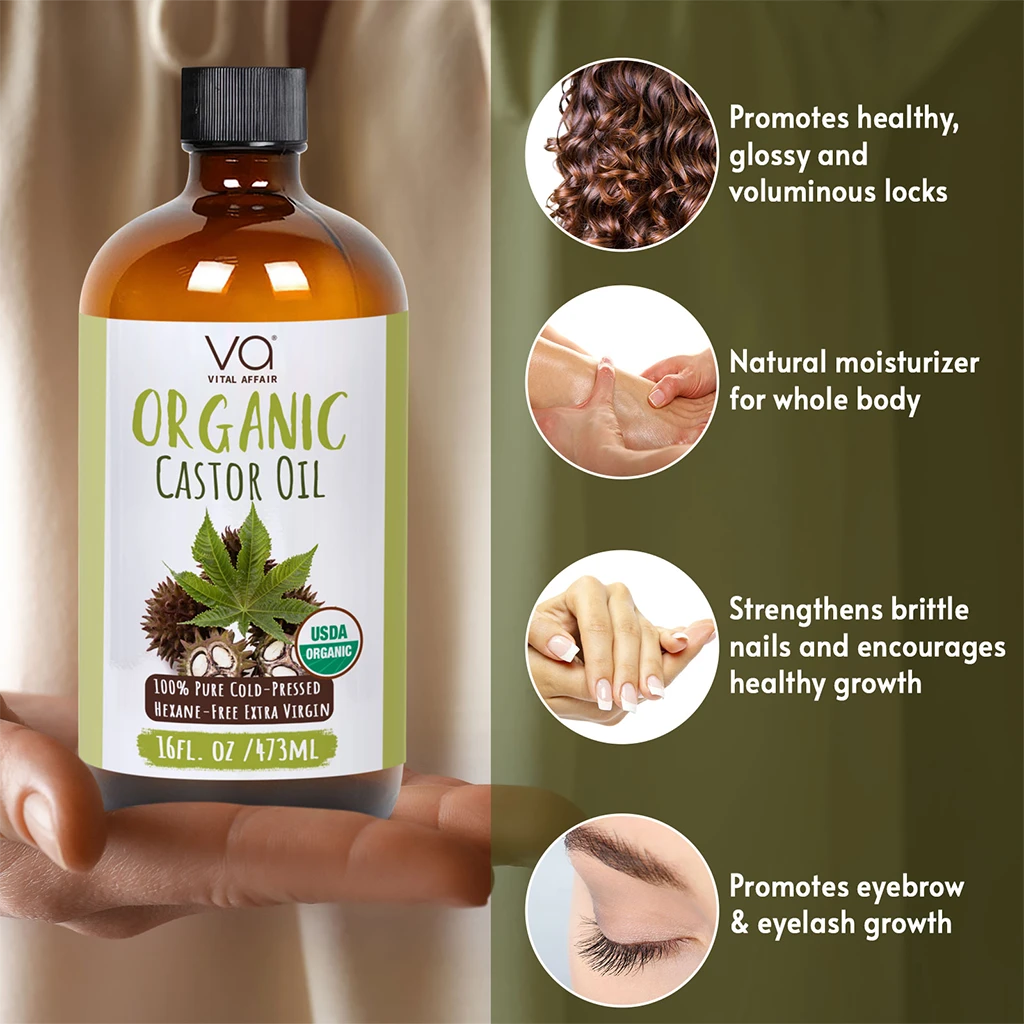 Bottle of Organic Castor Oil with benefits listed on a green background