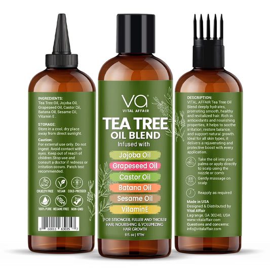 Three bottles of Tea Tree Oil hair oil Blend with labels on a white background