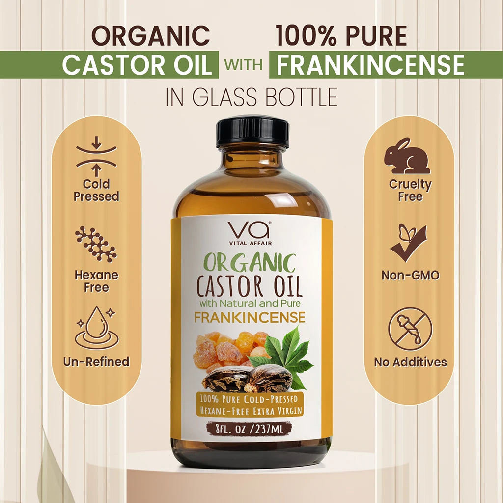 Organic castor oil with frankincense oil in a glass bottle on a beige background