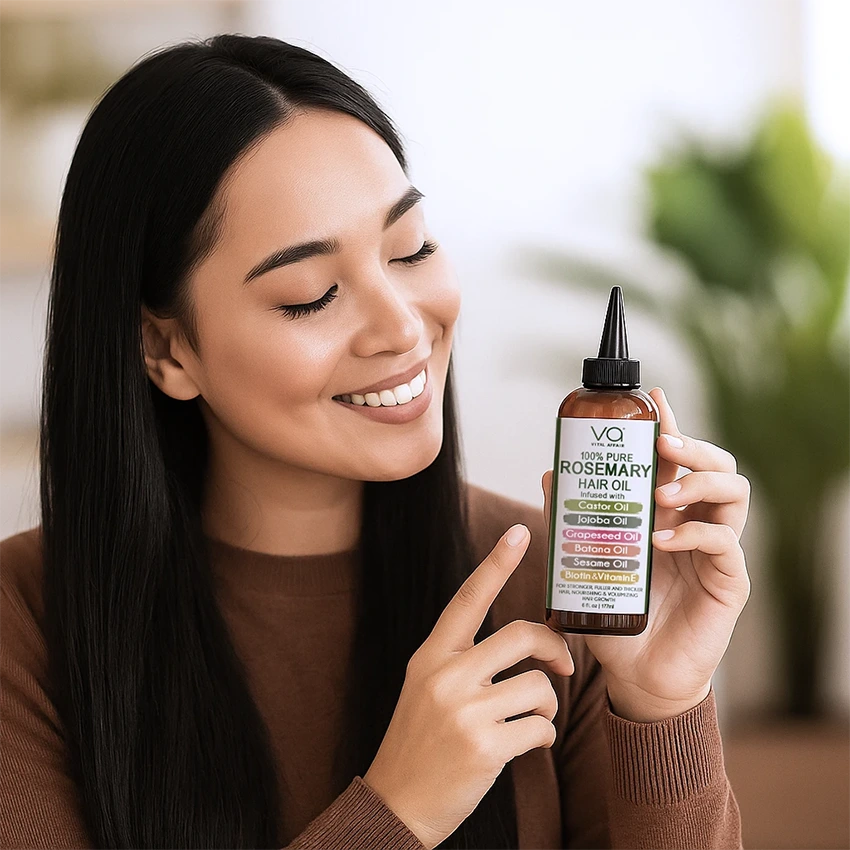 Woman holding a bottle of VItal Affair Rosemary Hair Oil with a blurred indoor background
