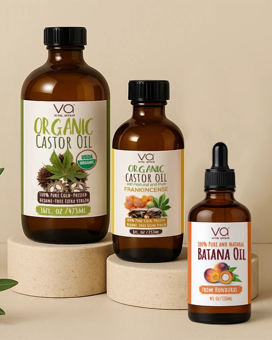 Collection of Vital Affair Natural Oils products on a neutral background with plants.