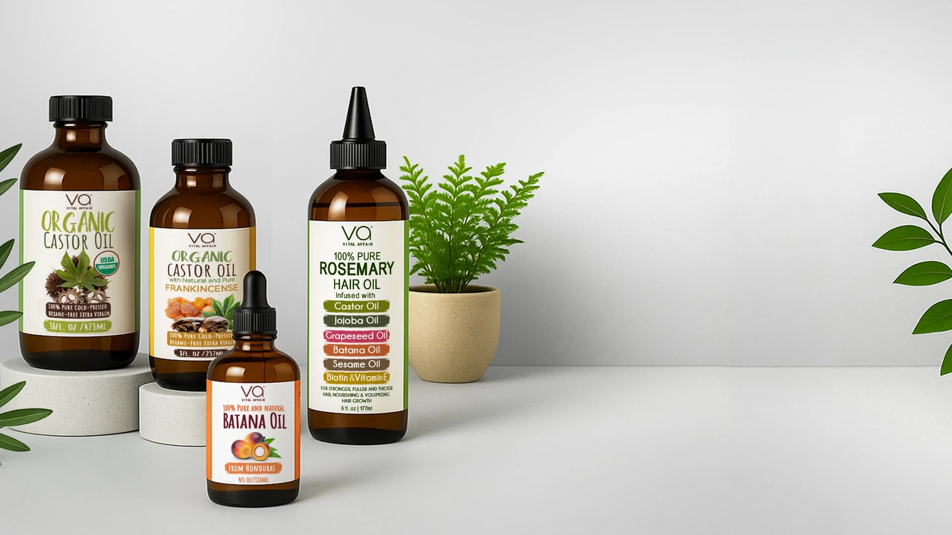 Collection of Vital Affair Natural Oils products on a neutral white background with plants.