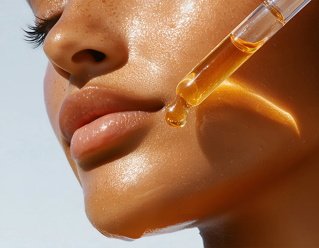 a women applying Vital affair Batana Oil on her face with a glass dropper
