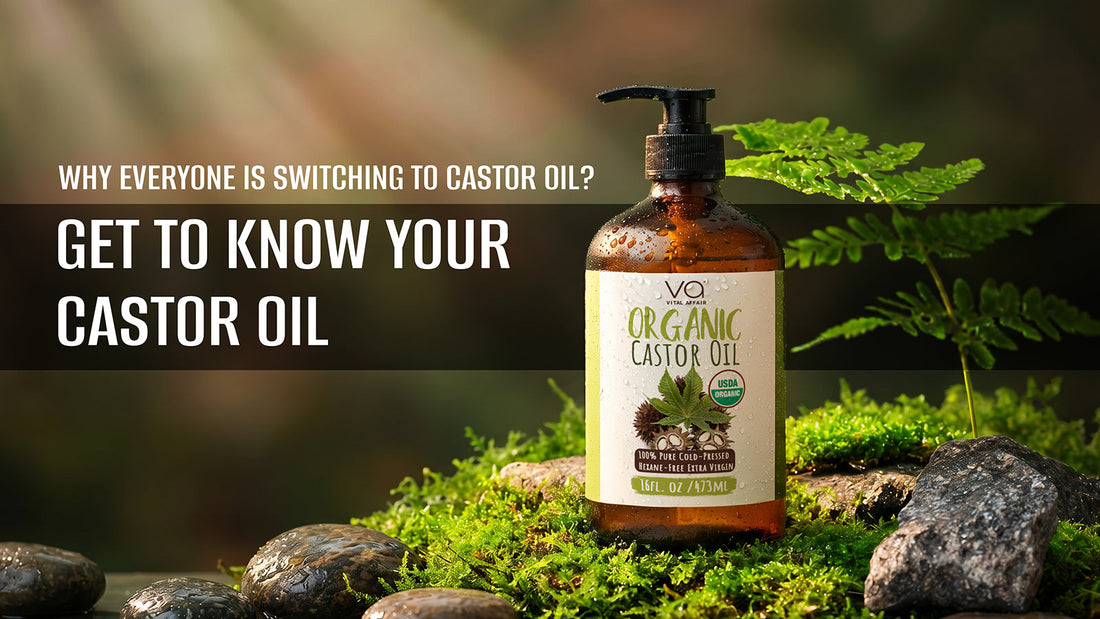 Vital Affair Organic Castor Oil 16oz amber glass pump bottle placed on green moss with natural rocks and leaves, fresh water droplets on surface, eco-friendly skincare product in soft green background