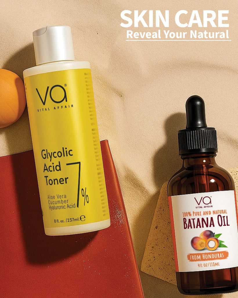 bottle of Vital Affair glycolic acid toner and Batana oil  
