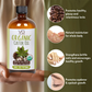 Bottle of Organic Castor Oil with benefits listed on a green background