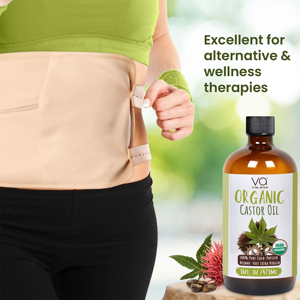 Person wearing a castor oil belt with a bottle of Organic Castor Oil on a natural background