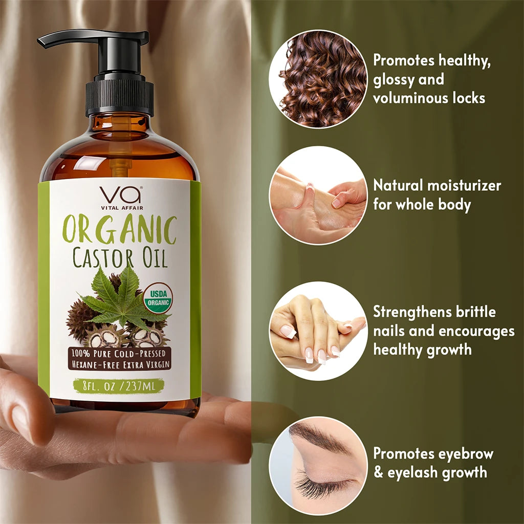 Vital Affair Organic castor oil bottle with benefits on a green background