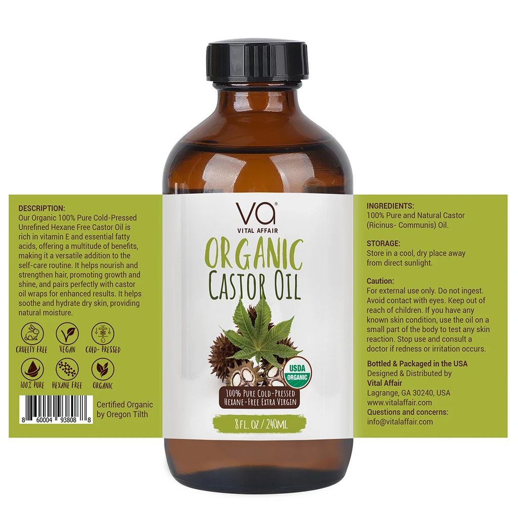 Bottle of Vital Affair Organic Castor Oil with label on a white background