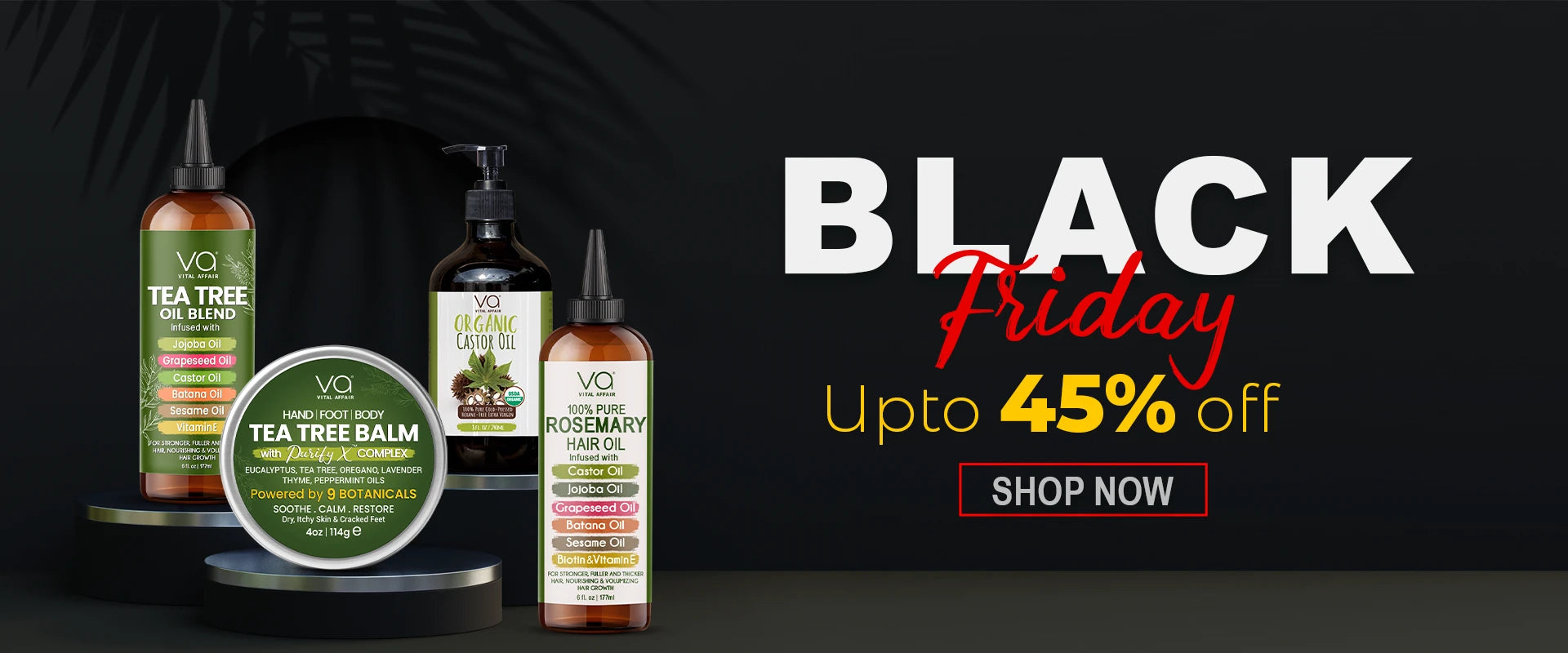 Black Friday sale advertisement with VO Natural Products on a dark background