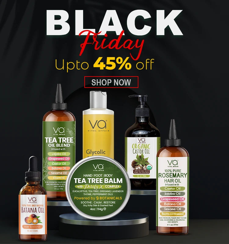Collection of VO Natural Oils products with Black Friday sale text on a dark background