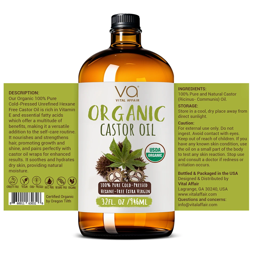 Bottle of Organic Castor Oil with label on a white background