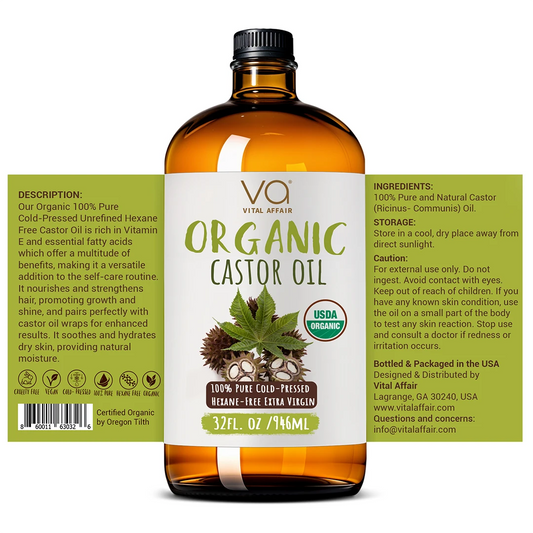 Bottle of Organic Castor Oil with label on a white background