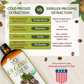 Comparison chart of cold pressed extraction vs expeller pressing extraction with a bottle of organic castor oil on a decorative background.