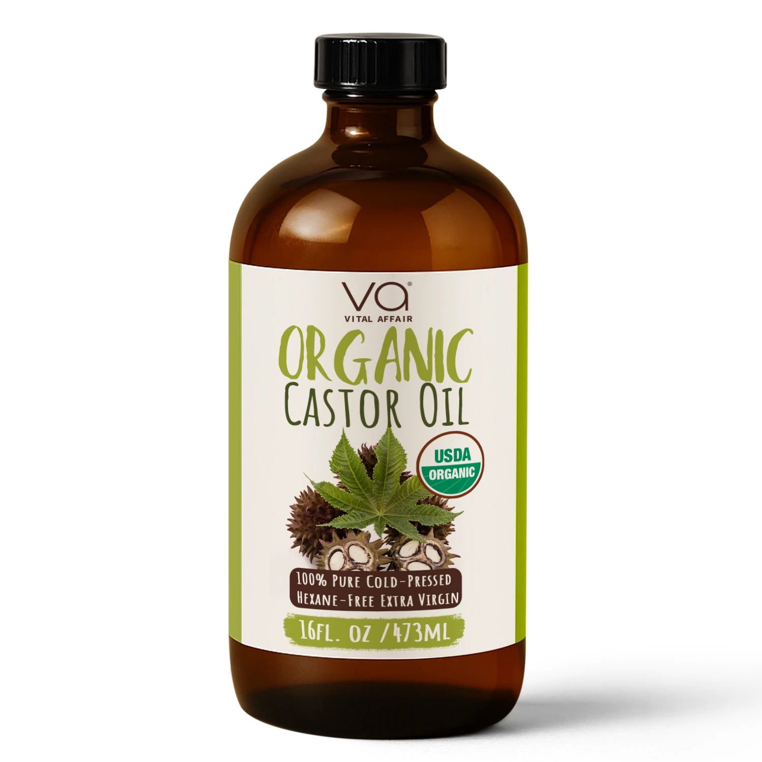 Bottle of Vital Affair Organic Castor Oil with a visible label on a white background
