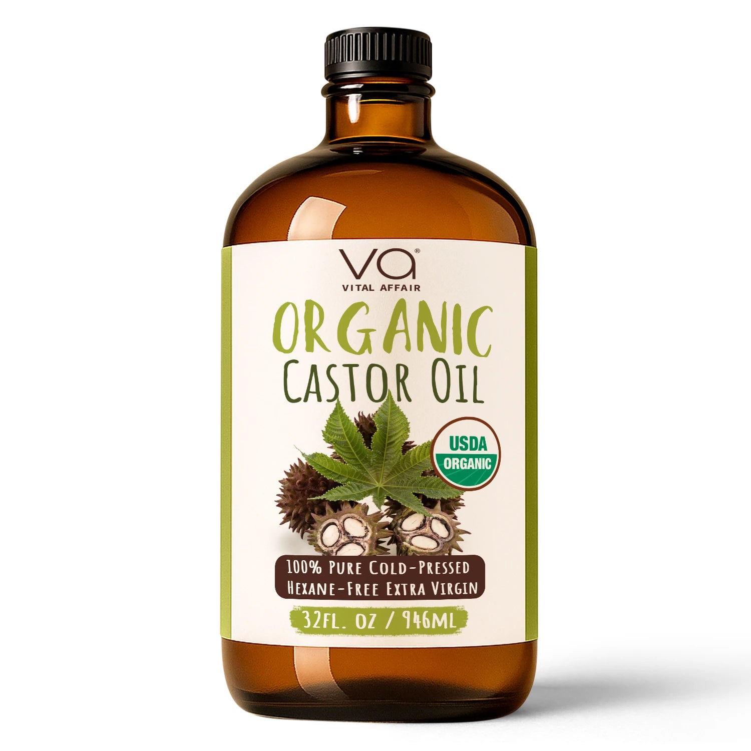 Bottle of Vital Affair Organic Castor Oil with USDA Organic label on a white background
