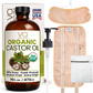  Organic castor oil with wrap pack packaging, pump, and pouch on a white background