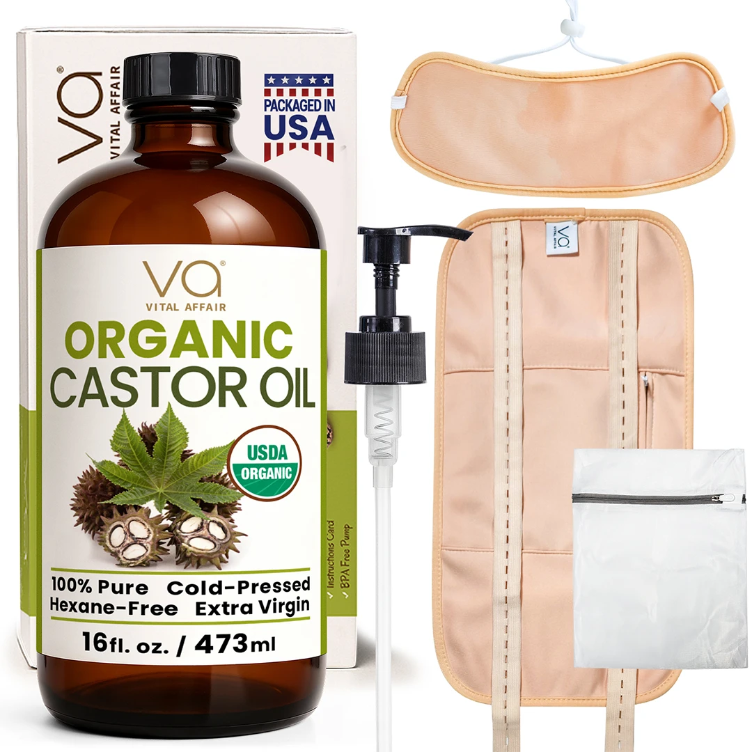  Organic castor oil with wrap pack packaging, pump, and pouch on a white background