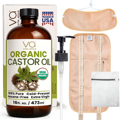  Organic castor oil with wrap pack packaging, pump, and pouch on a white background