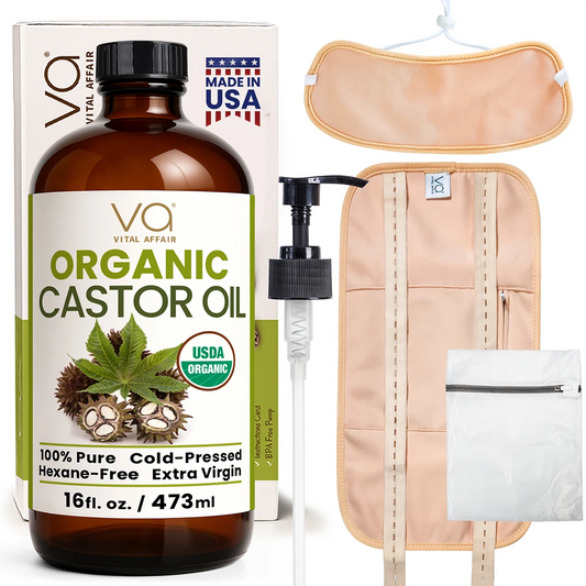 Organic castor oil with wrap pack packaging, pump, and pouch on a white background