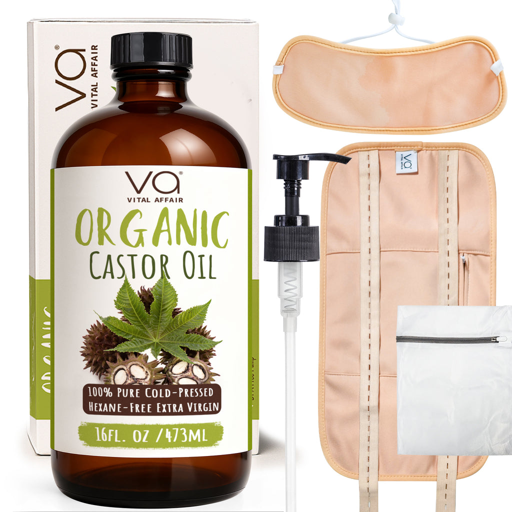 Organic castor oil with wrap pack packaging, pump, and pouch on a white background