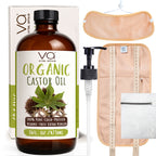 Organic castor oil with wrap pack packaging, pump, and pouch on a white background