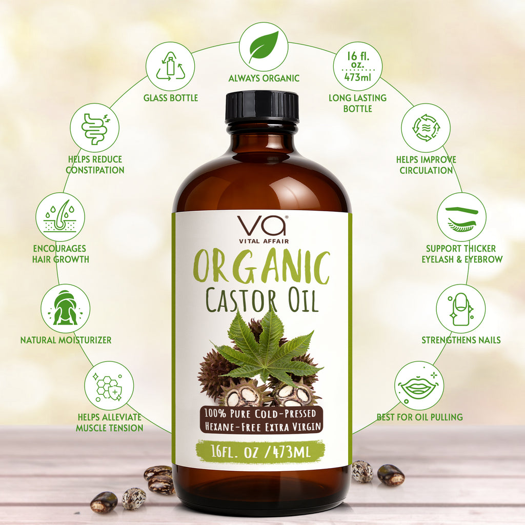 Organic castor oil with wrap pack with benefits surrounding icons on a light background