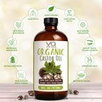 Organic castor oil with wrap pack with benefits surrounding icons on a light background