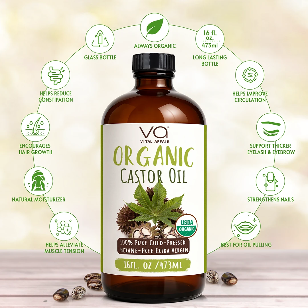 Organic castor oil with wrap pack with benefits surrounding icons on a light background