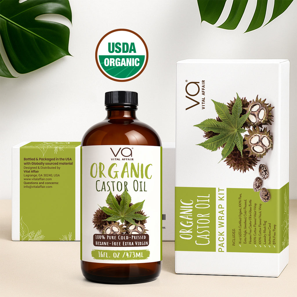 Organic castor oil with wrap pack and packaging with USDA Organic and Made in USA labels.