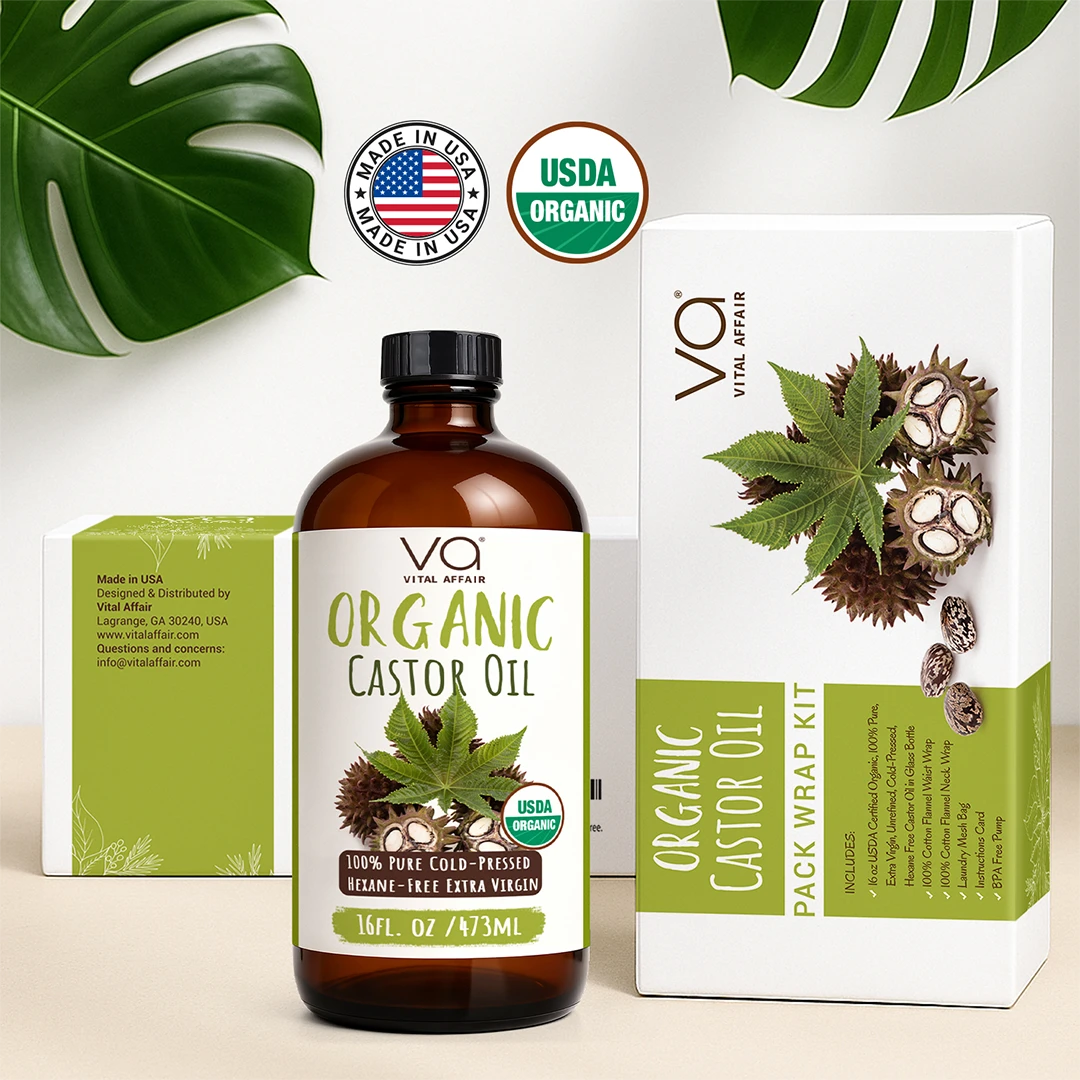 Organic castor oil with wrap pack and packaging with USDA Organic and Made in USA labels.