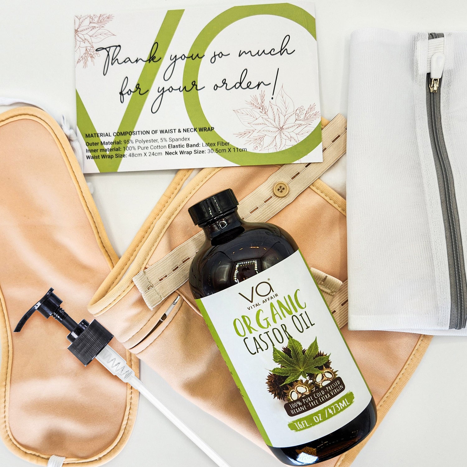 Organic castor oil with wrap pack with a branded card on a beige bag