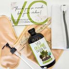 Organic castor oil with wrap pack with a branded card on a beige bag