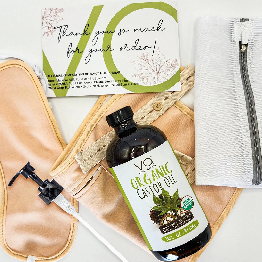 Organic castor oil with wrap pack with a branded card on a beige bag