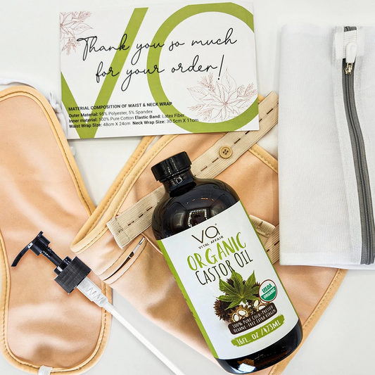 Organic castor oil with wrap pack with a branded card on a beige bag