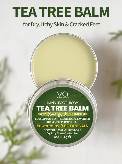 Tea tree balm container with green label on a light background