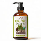 Bottle of Vital Affair Organic Castor Oil with pump on a white background