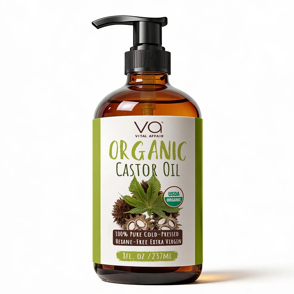 Bottle of Vital Affair Organic Castor Oil with pump on a white background