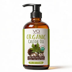 Bottle of Vital Affair Organic Castor Oil with pump on a white background