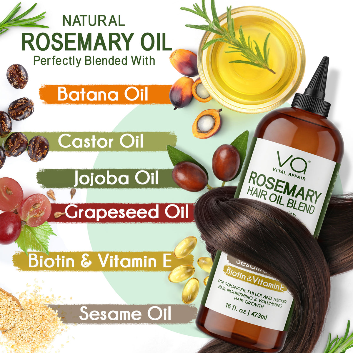 Rosemary Hair Oil for Hair & Scalp with Castor, Batana, Jojoba & Biotin – 16 oz