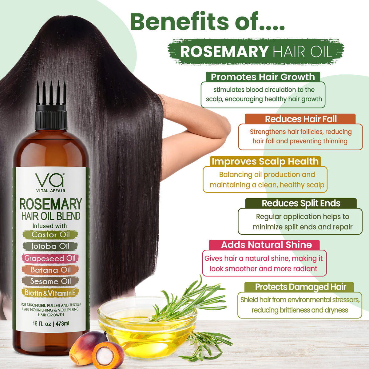 Rosemary Hair Oil for Hair & Scalp with Castor, Batana, Jojoba & Biotin – 16 oz