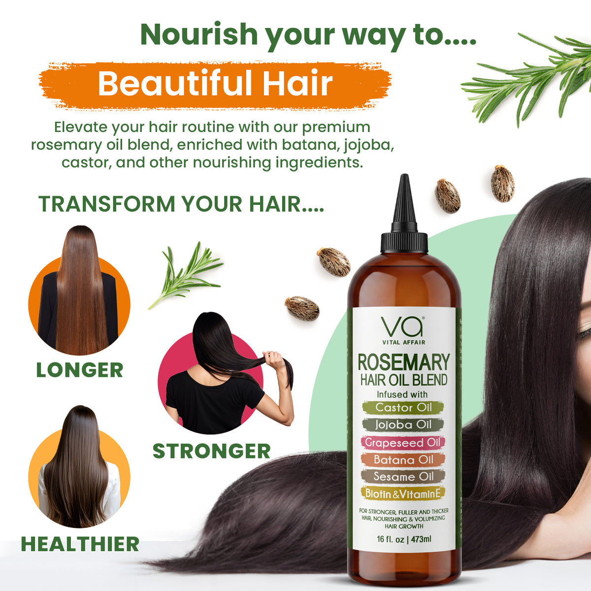 Rosemary Hair Oil for Hair & Scalp with Castor, Batana, Jojoba & Biotin – 16 oz