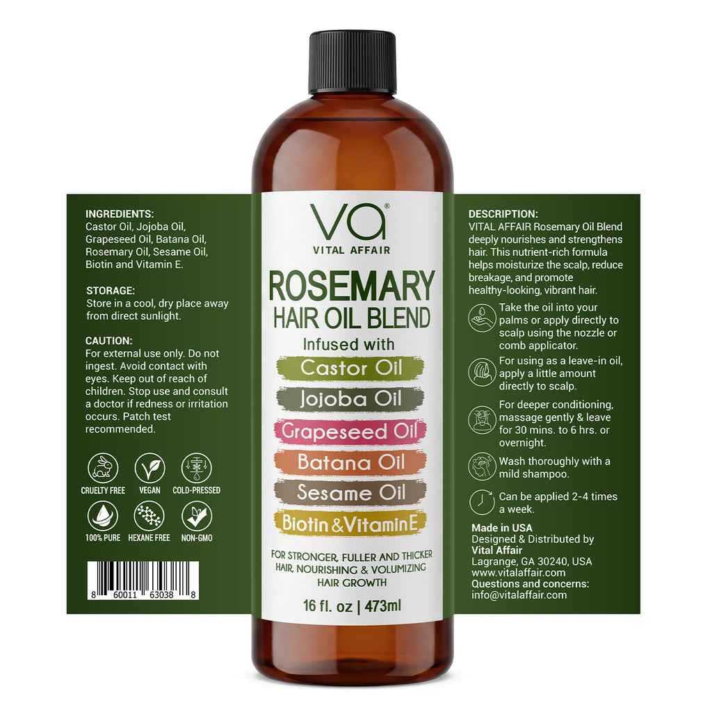 Rosemary Hair Oil for Hair & Scalp with Castor, Batana, Jojoba & Biotin – 16 oz