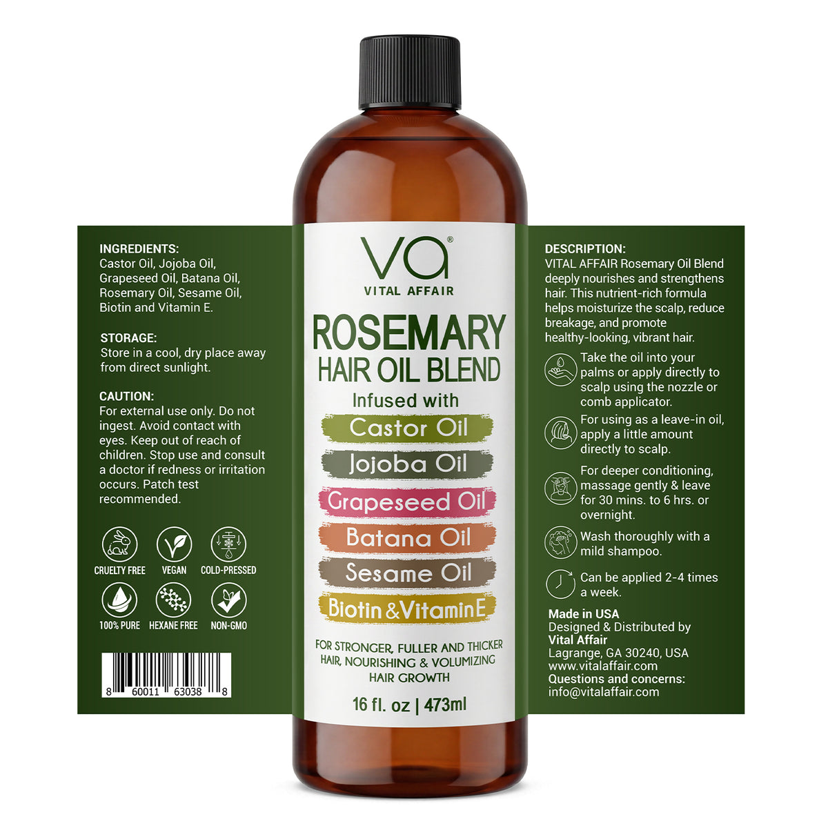 Rosemary Hair Oil for Hair & Scalp with Castor, Batana, Jojoba & Biotin – 16 oz