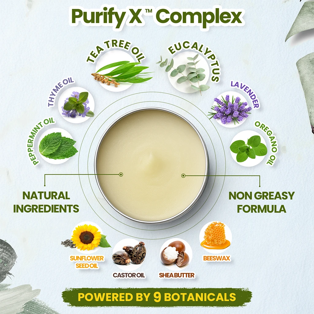 Purify X Complex with natural ingredients and botanicals on a light background