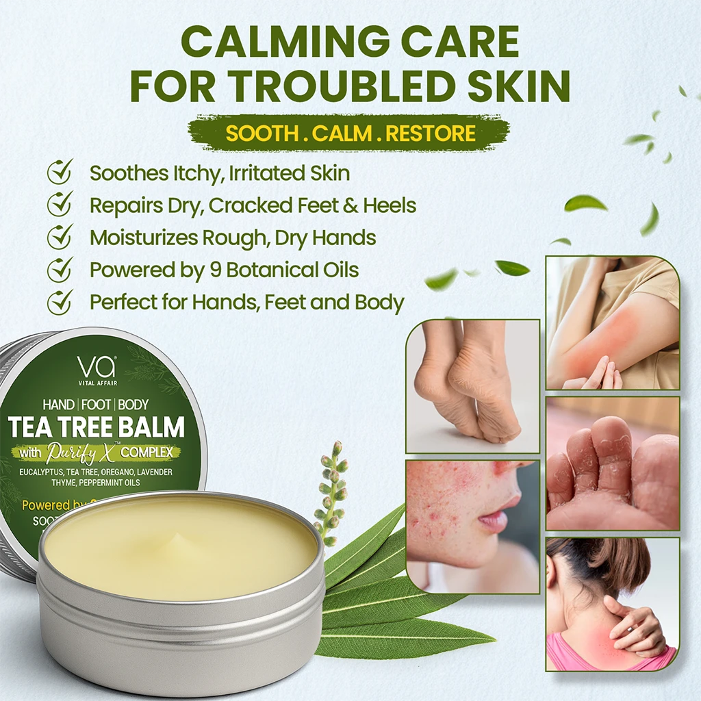 Tea tree balm with packaging and images of skin care benefits on a light background