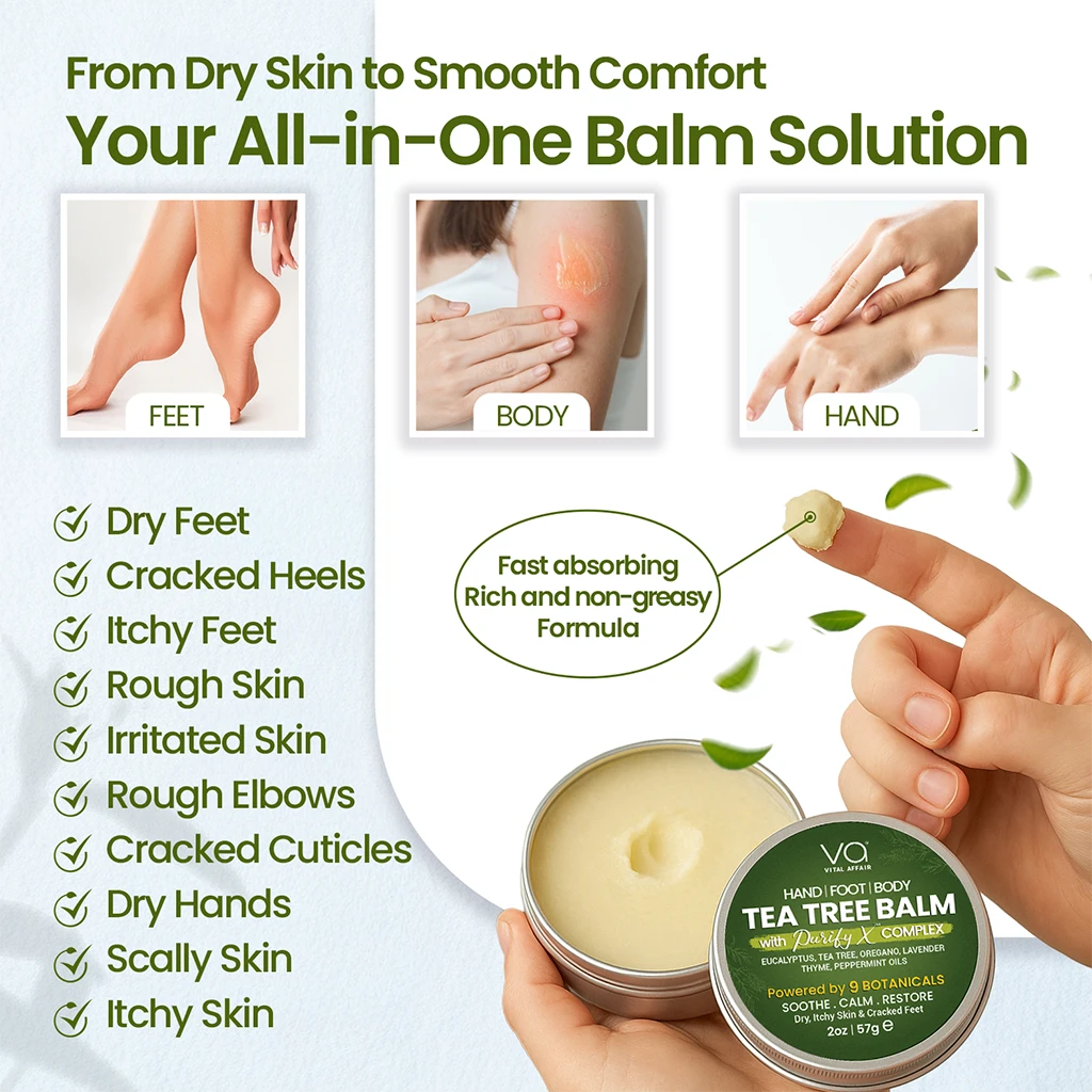 Tea tree balm solution for dry skin with product packaging and usage examples.