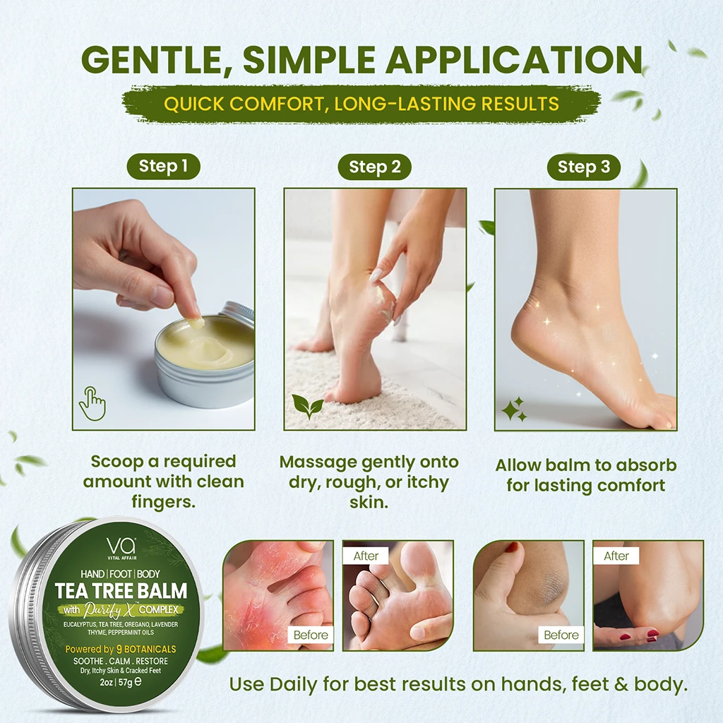 Tea tree balm application instructions with before and after images on a white background.