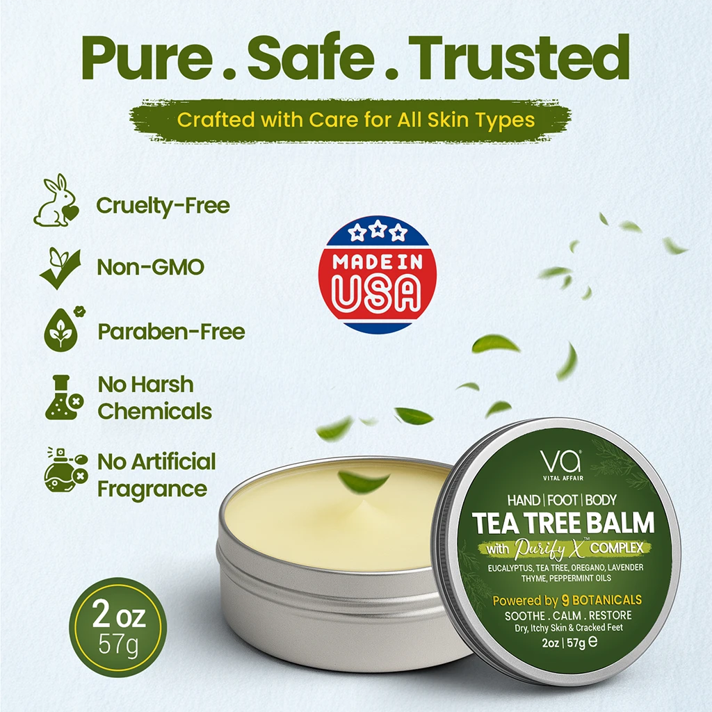 Tea tree balm with packaging on a light blue background, featuring 'Pure. Safe. Trusted' text and product details.