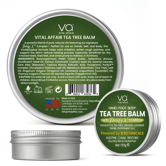 Vital Affair Tea Tree Balm packaging with green label and silver container on a white background